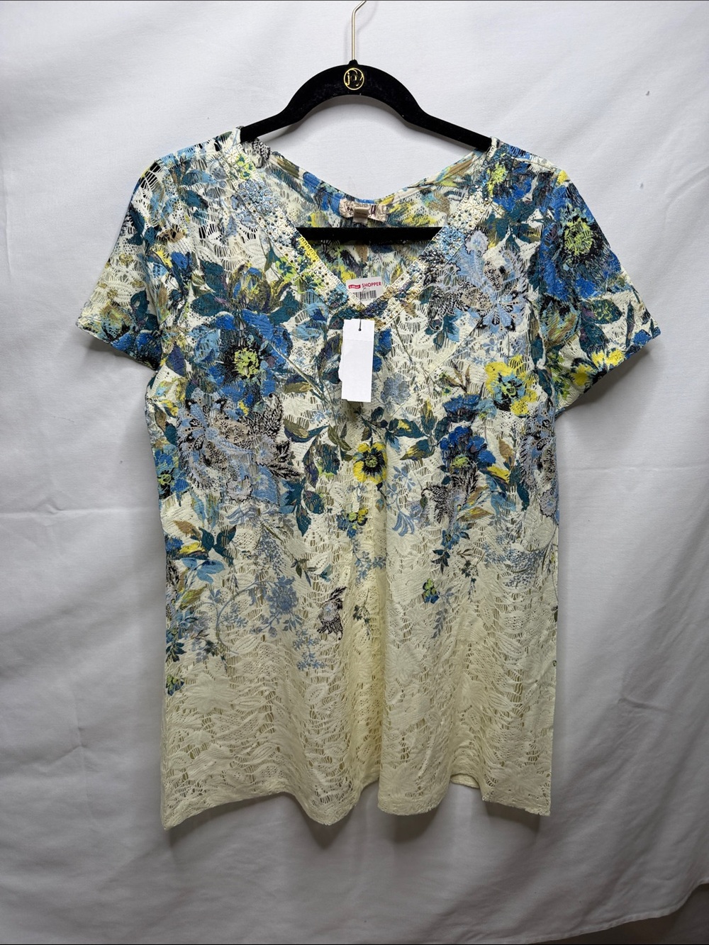 ONE WORLD Floral Lace V-Neck Short Sleeve Top - Blue & Cream